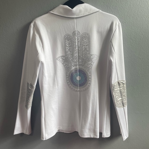 NWOT MF Designs Hamsa fitted two button white silver sequin blazer. Size X-Small - Picture 3 of 9